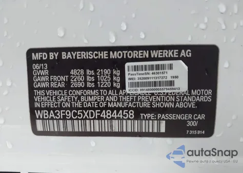 2013 BMW Activehybrid 3 z USA, uszkodzony, nr VIN WBA3F9C5XDF484458